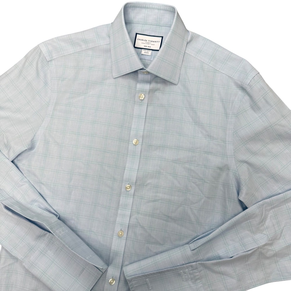 Charles Tyrwhitt Dress Shirt Mens 15/33 Blue Plaid Extra Slim Fit French Cuff